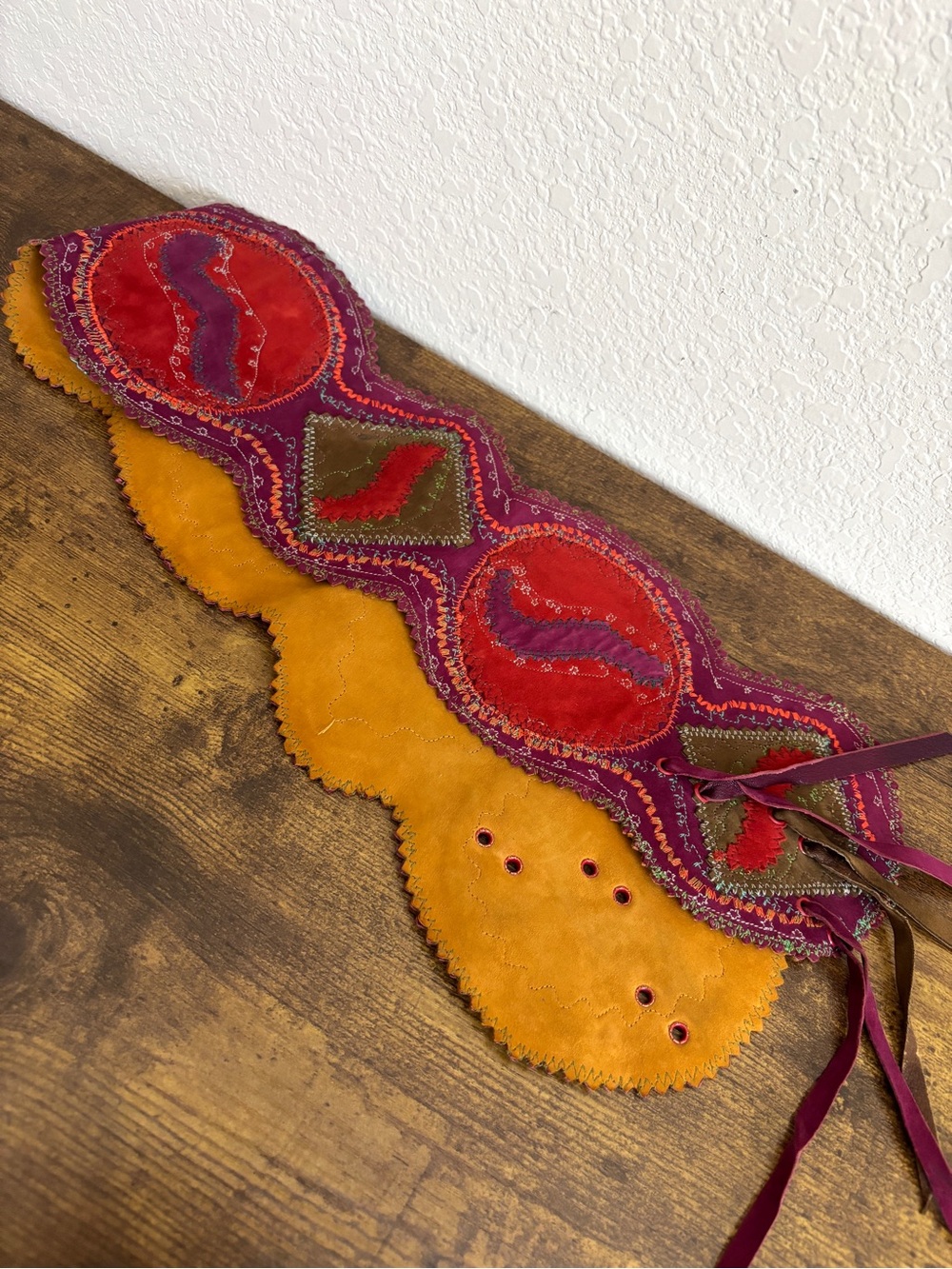 Vintage 70s Henri Bendel Genuine Suede Boho Embroidered Tie Waist Belt